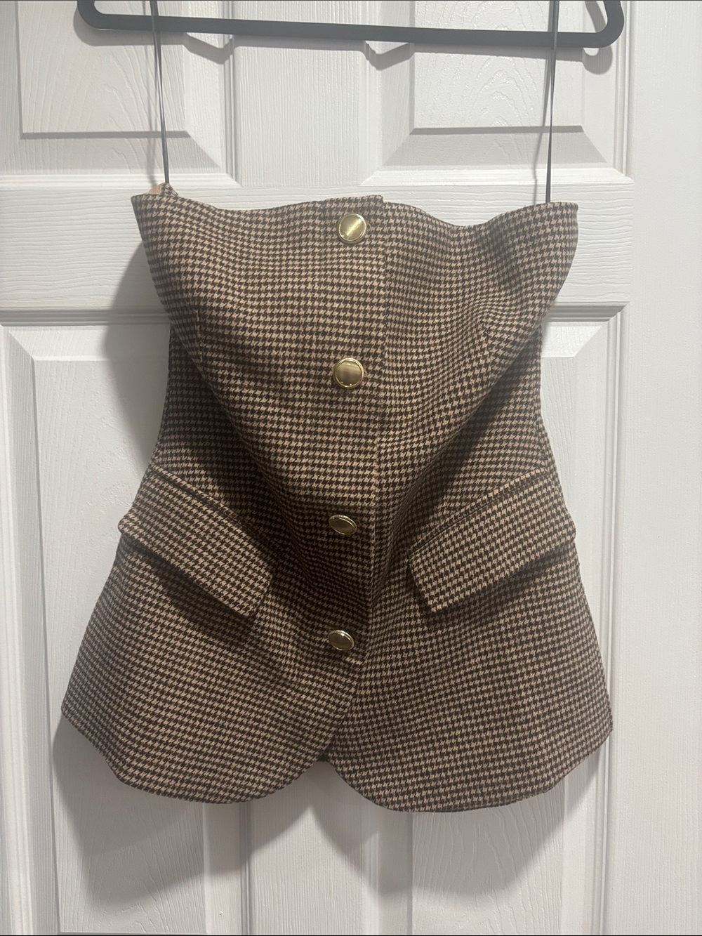 VICI Strapless Houndstooth Blazer Corset Top Gold Button Brown Black Size Small
